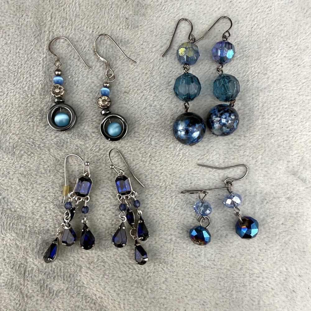 Vintage Estate Pierced Earrings Lot 4 Blue Silver Tone Rhinestone Dangle Drop